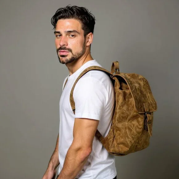 Vintage Brown Suede Backpack – Men’s Medium Bag, Casual Drawstring Style - Picture 11 of 11